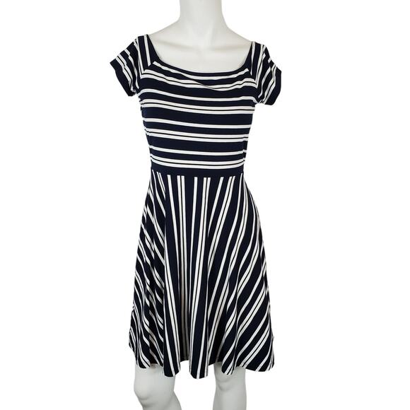NWT Loft Navy White Striped Cross Over Back Fit Flare Mini Dress Small - Picture 1 of 7